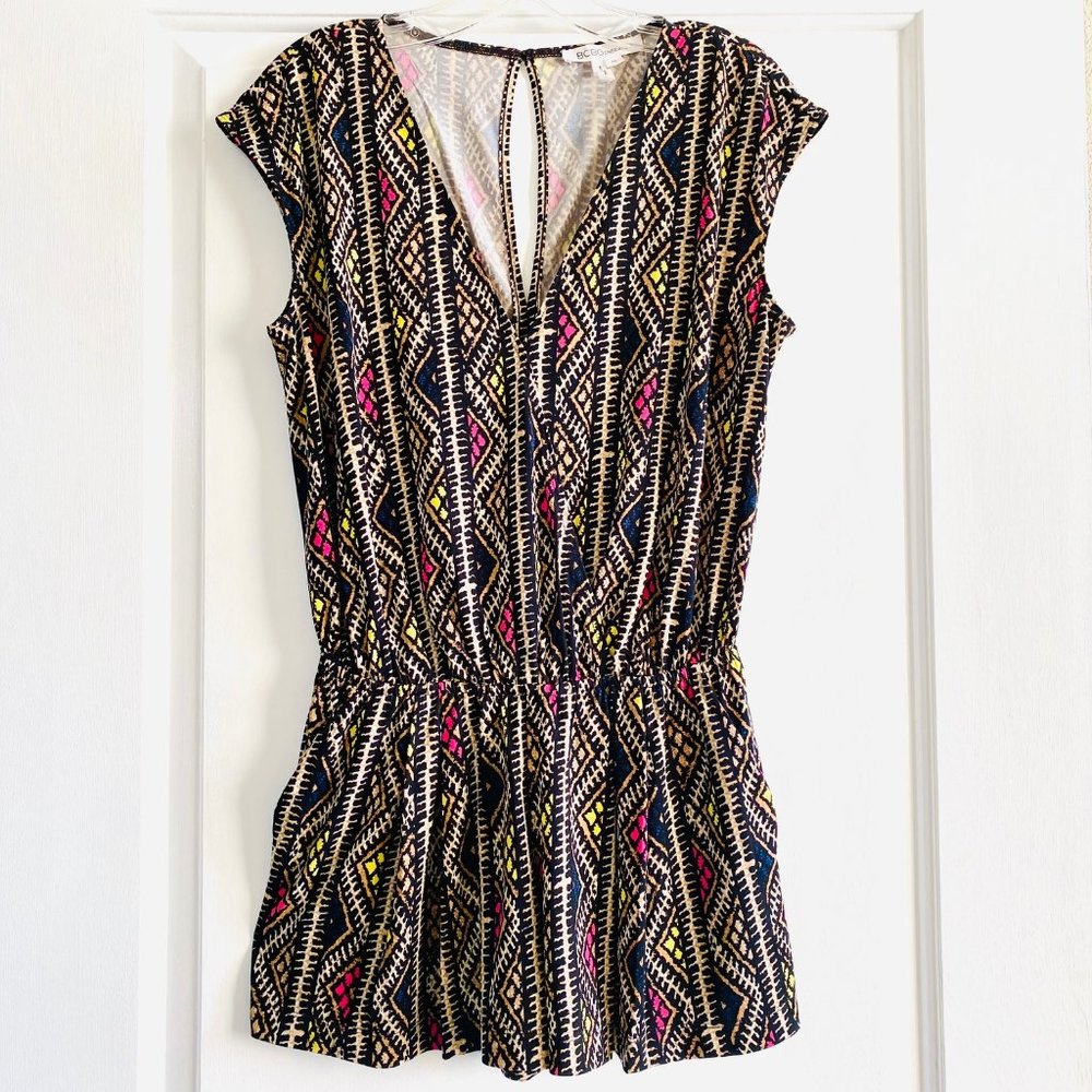 BCBG | BCBGeneration Multicolored Tribal Print V-Neck Romper with Pocket…